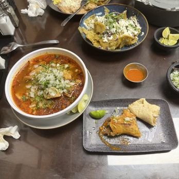 Don Chon Menudo - Menudo, queso taco de birria, chicharrones con salsa verde, side of chilaquiles verdes and hand made tortillas - Mexican Near Me - Pacoima, California