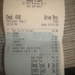Receipt showing that I paid for bacon on the kids burger. But got no bacon. Receipt showing that I paid for bacon on the kids burger. But got no bacon.