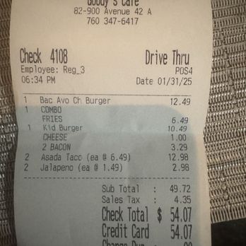 Goody's Cafe - Receipt showing that I paid for bacon on the kids burger. But got no bacon. - Cafes Near Me - Indio, California Goody's Cafe - Receipt showing that I paid for bacon on the kids burger. But got no bacon. - Cafes Near Me - Indio, California