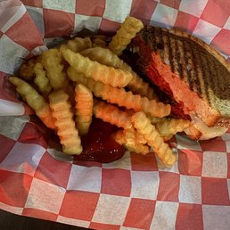 Amazing pastrami on marble rye with crispy crinkle fries.