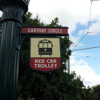 Red Car Trolley - The Carthay Circle station sign at one of the stops along the route - Public Transportation Near Me - Anaheim, California Red Car Trolley - The Carthay Circle station sign at one of the stops along the route - Public Transportation Near Me - Anaheim, California