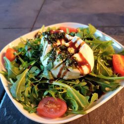 Keuka Kafe a Wine Bar - Fresh Burrata; Arugula, Cherry Tomato, Basil and Balsamic reduction