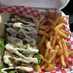 The Hunger Trailer - Mesquite smoked Turkey breast sandwich + provolone + hatch green chile on brioche.  Very very tasty.  Fries were good too.