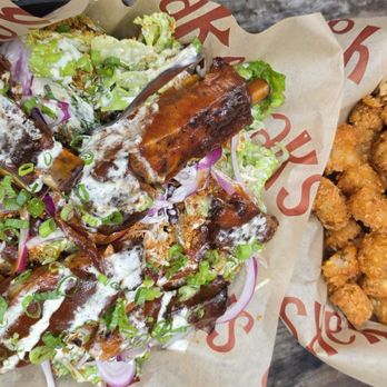 Yak's on the 5 - My husband and I shared Smiley Riley and MIL got the ribs and salad - Burgers Near Me - Dunsmuir, California