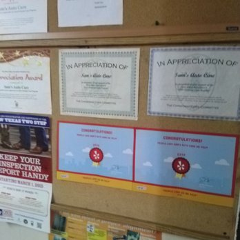Sam's Auto Care - Wall of certs in the waiting area - Auto Repair Near Me - Plano, Texas Sam's Auto Care - Wall of certs in the waiting area - Auto Repair Near Me - Plano, Texas
