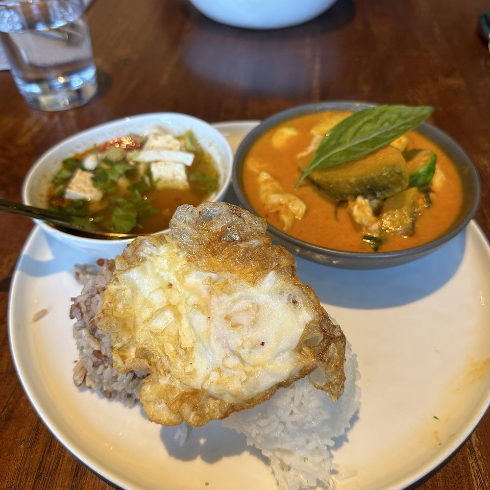 Bangkok By The Bay - Kang Dang special with pumpkin curry with chicken, duo rice (brown and white), fried egg, and soup of the day (Tom Yum) $24 - Thai Near Me - Berkeley, California Bangkok By The Bay - Kang Dang special with pumpkin curry with chicken, duo rice (brown and white), fried egg, and soup of the day (Tom Yum) $24 - Thai Near Me - Berkeley, California