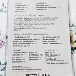 Artists Haven - Artists Cafe's menu