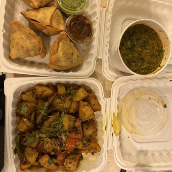 Himalayan Restaurant - Samosas top left. Tofu saag on the top right. Aloo jeera at the bottom. - Himalayan/Nepalese Near Me - Coos Bay, Oregon
