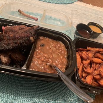 Lockhart's BBQ - 1/4 Rack of Ribs and Beef Brisket with Baked Beans and Sweet Potato Fries - Barbeque Near Me - Royal Oak, Michigan