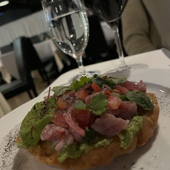 Chez Bacchus - Ahi tuna tostada. In house made corn tostada. So crispy - New American Near Me - Long Beach, California Chez Bacchus - Ahi tuna tostada. In house made corn tostada. So crispy - New American Near Me - Long Beach, California