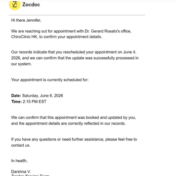 ChiroclinicHK - confirmation from ZocDoc that I had confimred 6/4 new appointment time 6/6 2:15 PM - no last Min. changes as stated by the Dr. - Chiropractors Near Me - New York, New York ChiroclinicHK - confirmation from ZocDoc that I had confimred 6/4 new appointment time 6/6 2:15 PM - no last Min. changes as stated by the Dr. - Chiropractors Near Me - New York, New York