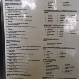 Menu of the bubble tea options