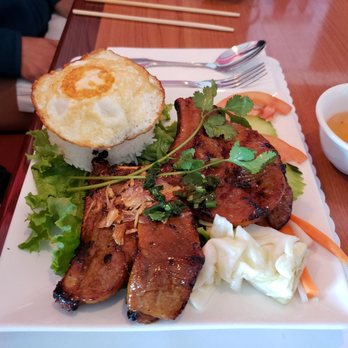 Pho Lantern Cafe - Flame broiled pork with sunny side egg that's actually cooked through, less sunny, firm, and dried like your old 4th grade teacher. - Vietnamese Near Me - Costa Mesa, California