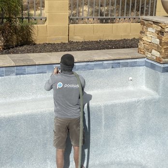 Primo Pool Care - Tile cleaning time!  We use compressed air and shoot salt to clean off the calcium.  Much less abrasive than what some others use. - Pool & Hot Tub Service Near Me