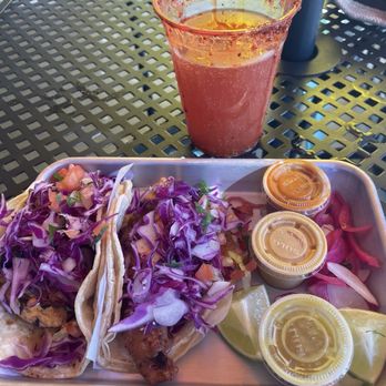 Tacos el Diablo - Grilled and fried fish taco with a michelada on the patio in 80 degree California winter. - Mexican Near Me - Camarillo, California