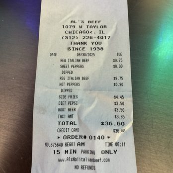 Al's Beef - The check. - Sandwiches Near Me - Chicago, Illinois