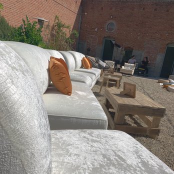 Ashley Designs The Future - WHITE VELVET, SOFAS 
ARMLESS 
LOUNGE 
RUSTIC WOOD TABLES - Party & Event Planning Near Me
