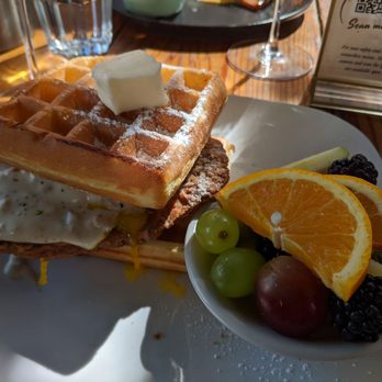 The Hideout Kitchen - #TheWaffleSandwich with a side of fruit - New American Near Me - Lafayette, California