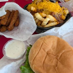 Zucchini, chili cheese fries and old fashioned burger