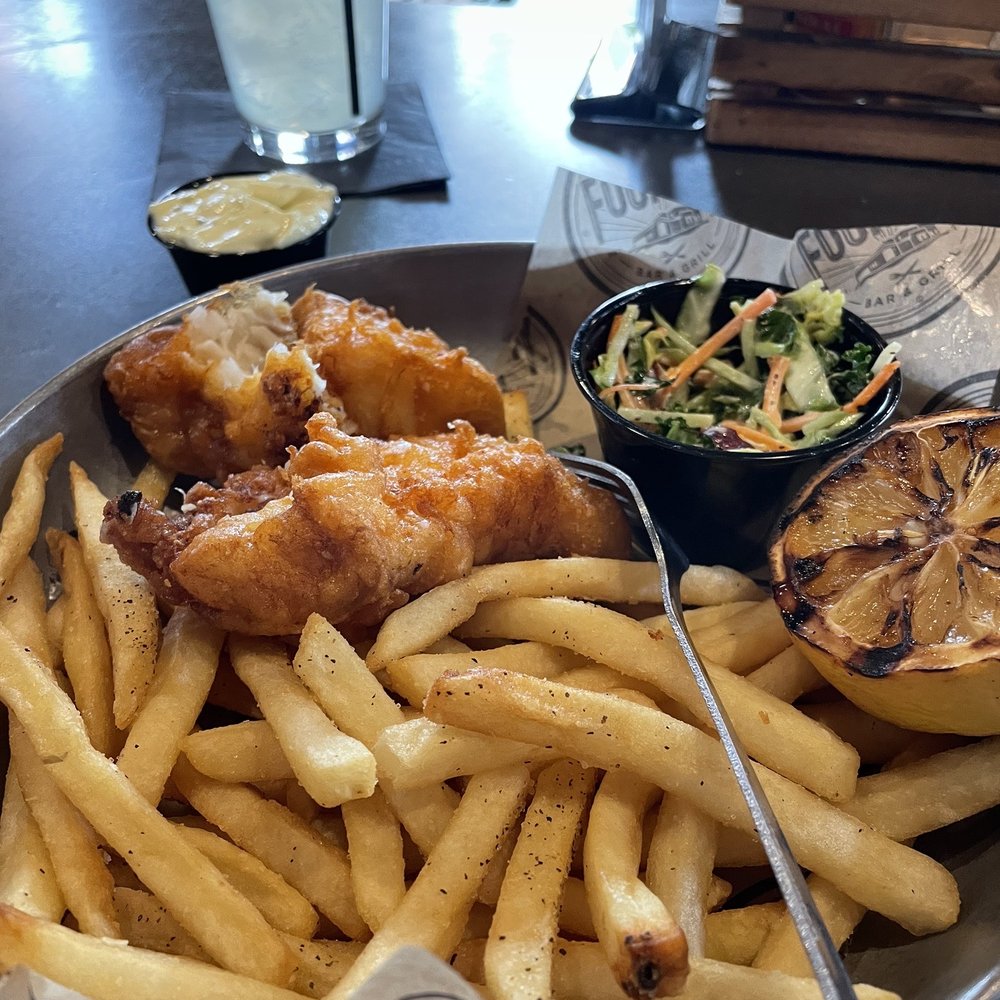 Fish and chips, lemonade. Fish and chips, lemonade.