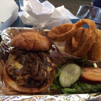 Joe's Farm Grill - Cheeseburger with grilled onions and a side of onion rings - American Near Me - Gilbert, Arizona Joe's Farm Grill - Cheeseburger with grilled onions and a side of onion rings - American Near Me - Gilbert, Arizona