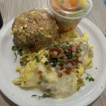 Stacks Pancake House - Santa Fe Scrambler with Fruit and Fried Rice - Breakfast & Brunch Near Me - Irvine, California Stacks Pancake House - Santa Fe Scrambler with Fruit and Fried Rice - Breakfast & Brunch Near Me - Irvine, California