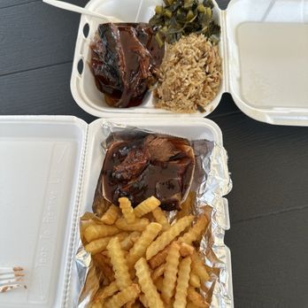 Jones Old School BBQ - Beef Brisket with fries, greens and dirty rice. - Barbeque Near Me - Port St Lucie, Florida