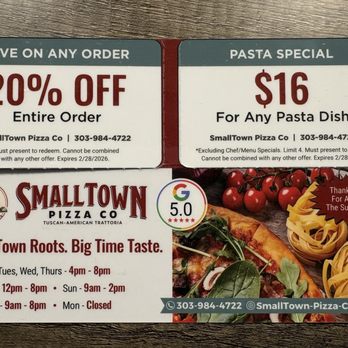 SmallTown Pizza - These are the coupons we got in the mail. You may need the actual coupon for them to honor it. - Pizza Near Me - Denver, Colorado SmallTown Pizza - These are the coupons we got in the mail. You may need the actual coupon for them to honor it. - Pizza Near Me - Denver, Colorado