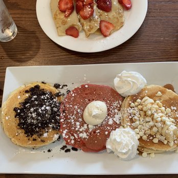 The Jagged Fork - (Top) strawberry cream cheese crepes (Bottom) UG3 Sampler: Oreo pancakes, Red Velvet Pancakes, and Chunky Monkey pancakes - Breakfast & Brunch Near Me - Grosse Pointe, Michigan
