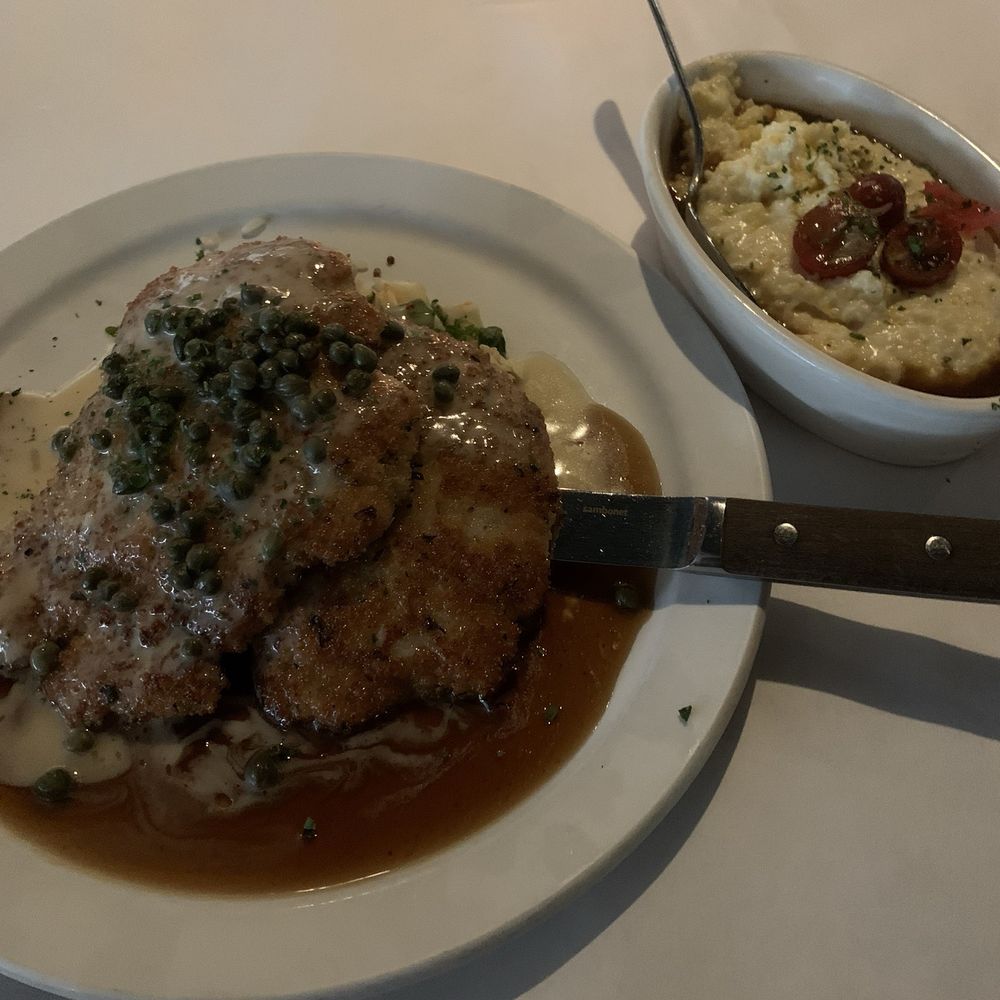 Victor's Wood Grill - Pork Milanese with garlic parm grits!!!! Excellent! - Seafood Near Me - Coppell, Texas Victor's Wood Grill - Pork Milanese with garlic parm grits!!!! Excellent! - Seafood Near Me - Coppell, Texas