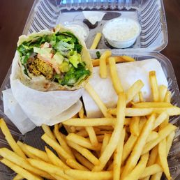 Beef kabob wrap with fries. They say Flatbread, but it is definitely a tortilla