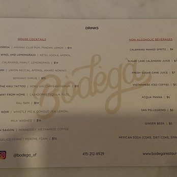 Bodega - Drinks menu 6/29/22 - Vietnamese Near Me - San Francisco, California