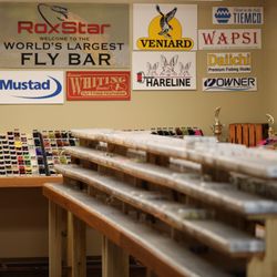 Appalachian Outpost - Fly display with RoxStar, Maxcatch, Scientific Anglers, and Rio flies for East Tennessee trout fishing.
