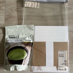 Muji - Instant Matcha Latte, clear bag case, writing stationary set