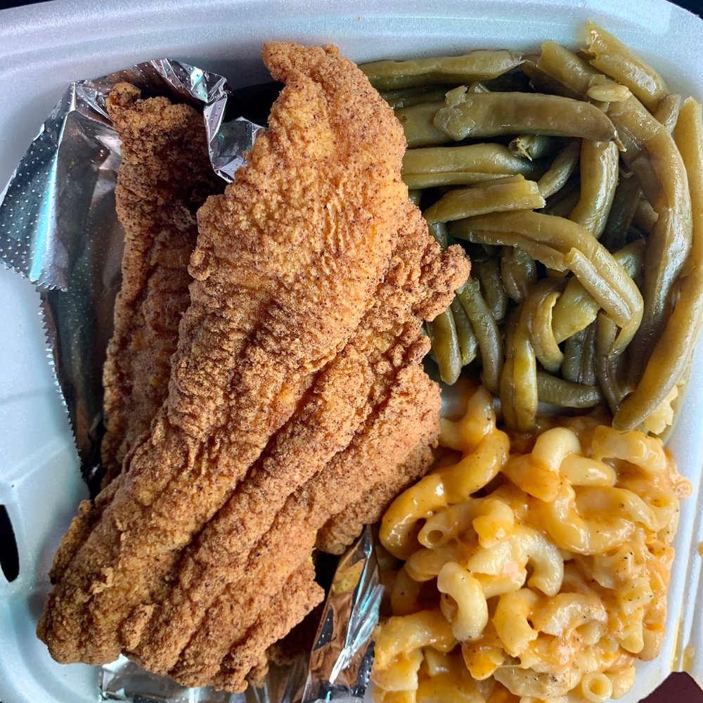 Fried Catfish Platter| string beans| macaroni & cheese Fried Catfish Platter| string beans| macaroni & cheese