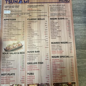 Sushi Tsunami - Menu. There's more in the back - Sushi Bars Near Me - Pleasant Hill, California Sushi Tsunami - Menu. There's more in the back - Sushi Bars Near Me - Pleasant Hill, California