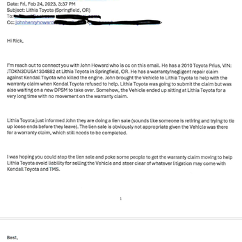 Lithia Toyota of Springfield - Letter from an attorney prior to lien sale - Auto Repair Near Me - Springfield, Oregon