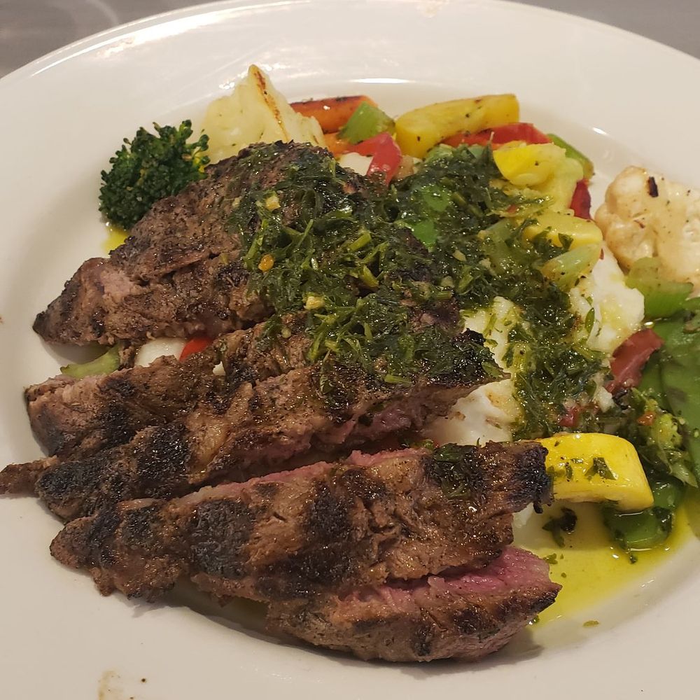 Portion of steak is much smaller than in the picture. Mashed potatoes are propping it up Portion of steak is much smaller than in the picture. Mashed potatoes are propping it up