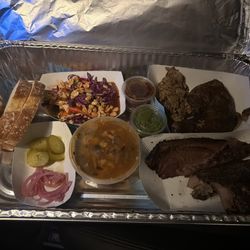 Cuckoos Nest BBQ - Sampler plate. Ribs. Chicken. Brisket. Pulled pork. Pozole. Slaw. All slay.