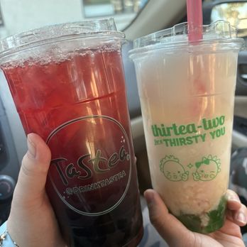 Tastea - Strawberry Ecsteasy (lite sweet) left & Lychee Freeze with honey boba (full sweet) right - Bubble Tea Near Me - Garden Grove, California Tastea - Strawberry Ecsteasy (lite sweet) left & Lychee Freeze with honey boba (full sweet) right - Bubble Tea Near Me - Garden Grove, California