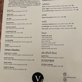 Virtue Restaurant - Cocktail menu, with 3 alcohol-free options - Southern Near Me - Chicago, Illinois