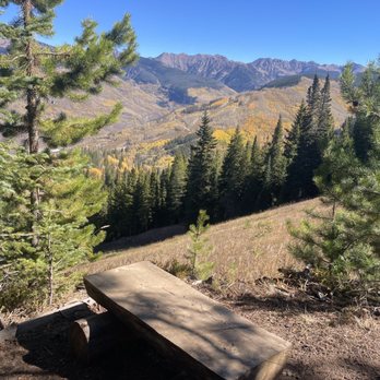 Berrypicker Trail - Beautiful overlooks! - A rustic wooden bench is situated on a dirt trail, facing a view of forested mountains under a bright blue sky. - Hiking Near Me