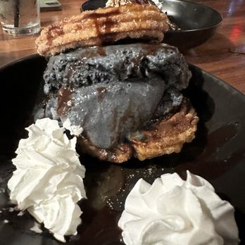 Craft by Smoke & Fire - Pasadena - Churro ice cream sandwich... it's smoked cookies and cream ice cream. Very strange color, but tasted fine... - Barbeque Near Me - Pasadena, California Craft by Smoke & Fire - Pasadena - Churro ice cream sandwich... it's smoked cookies and cream ice cream. Very strange color, but tasted fine... - Barbeque Near Me - Pasadena, California