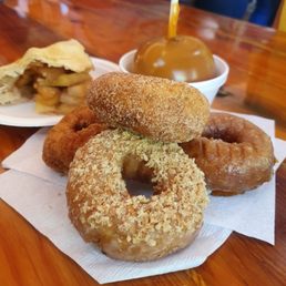 Crumble (front) pumpkin (right) cinnamon sugar (top) plain (left), caramel apple to go, original apple pie