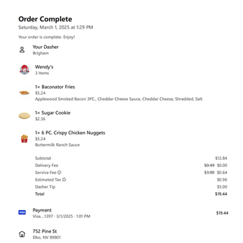 Wendy's - My receipt from DoorDash, they did refund me $8.57 for the fries and cookie. - Fast Food Near Me - Elko, Nevada