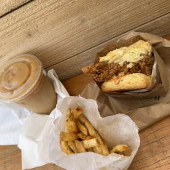 Bird Bird Biscuit - The queen beak with fries and an iced coffee! - Breakfast & Brunch Near Me - Austin, Texas