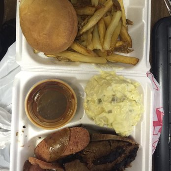 Bubba's BBQ & Steakhouse - Two meat: sliced beef, spicy sausage, potato salad, fresh cut fries, and roll - Barbeque Near Me - Ennis, Texas Bubba's BBQ & Steakhouse - Two meat: sliced beef, spicy sausage, potato salad, fresh cut fries, and roll - Barbeque Near Me - Ennis, Texas