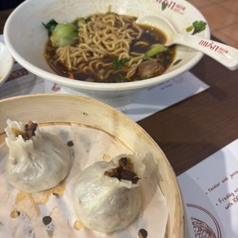 Mian - Spicy braised beef noodle soup, pork & mushroom sticky rice dumpling. Not pictured: spicy wontons - Noodles Near Me - Milpitas, California