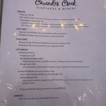 Cavender Creek Vineyards - Snacks menu - Wineries Near Me - Dahlonega, Georgia Cavender Creek Vineyards - Snacks menu - Wineries Near Me - Dahlonega, Georgia