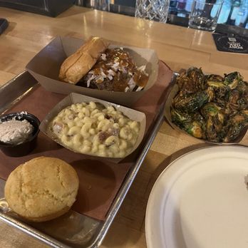 Post Oak Barbecue - Pulled Pork Sandwich Carolina 2 Corn Bread Muffins Jalapeno-Bacon Mac & Cheese brussel sprouts - Smokehouse Near Me - Denver, Colorado